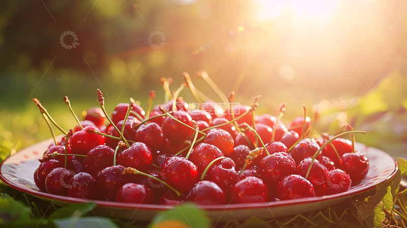 高清大图下载【趣麦麦图】阳光下盛满红樱桃的盘子