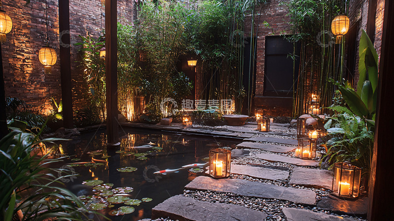 高清大图下载【趣麦麦图】夜晚禅意庭院