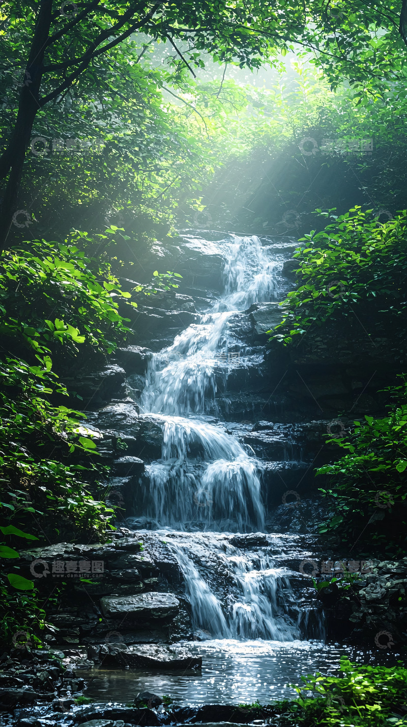 高清大图下载【趣麦麦图】绿树掩映下的瀑布
