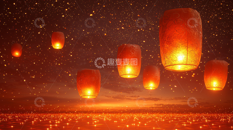 高清大图下载【趣麦麦图】夜空飞舞的许愿灯笼