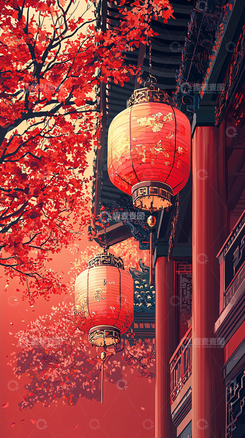 高清大图下载【趣麦麦图】红色灯笼下的传统建筑