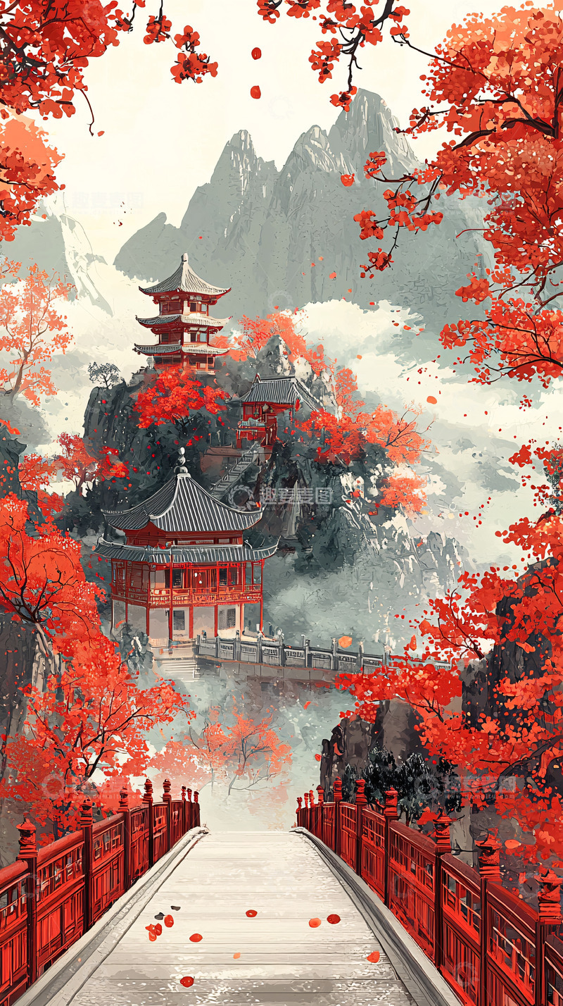 高清大图下载【趣麦麦图】水墨风红色楼阁山水画