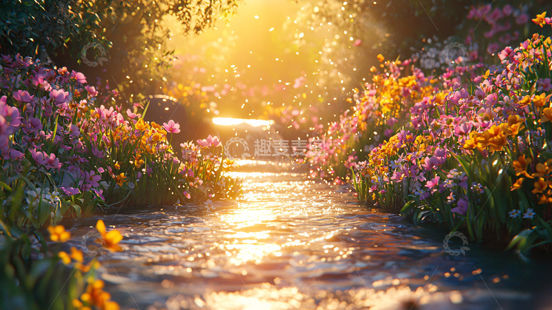 高清大图下载【趣麦麦图】阳光洒满花田小溪