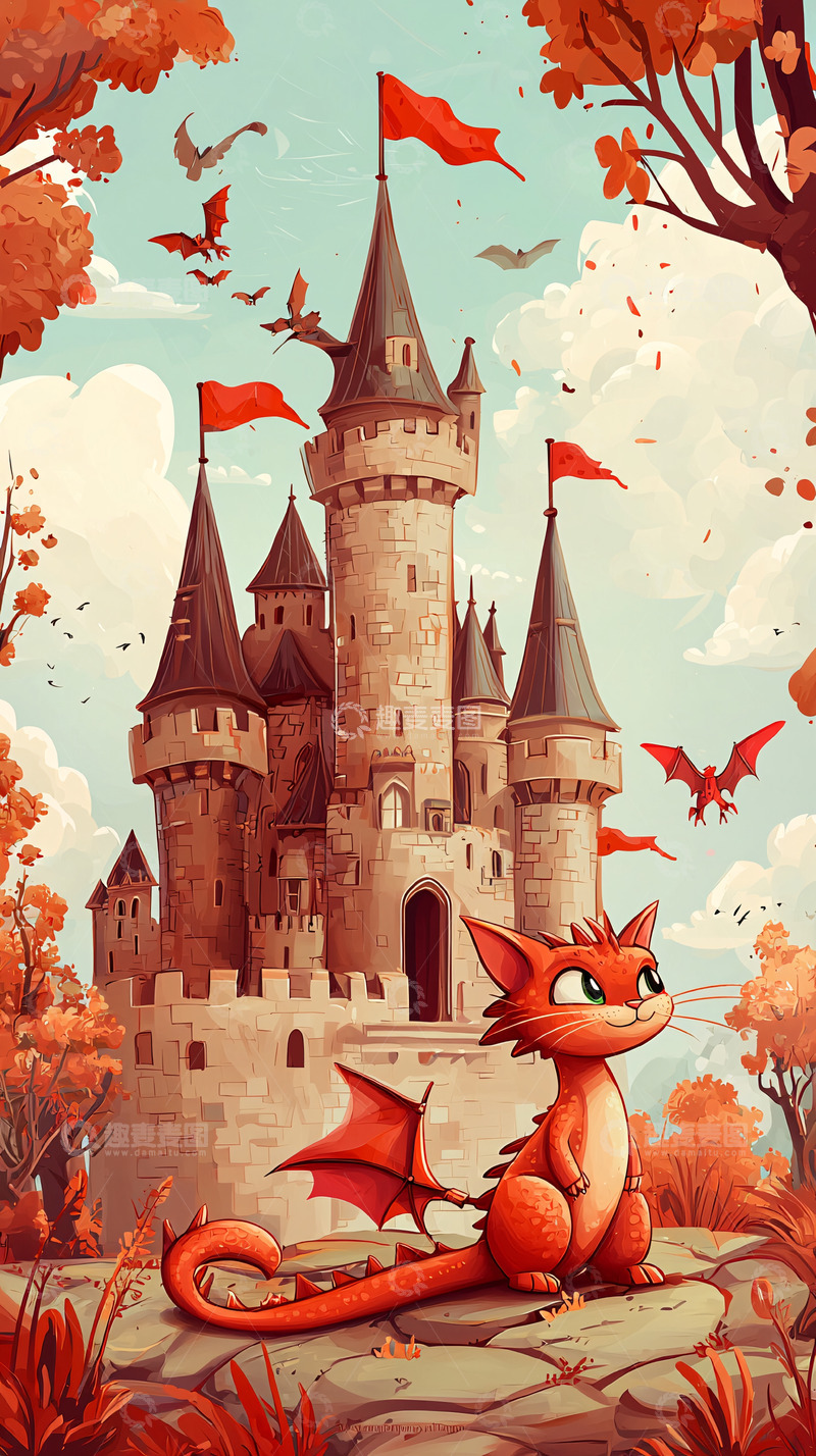 高清大图下载【趣麦麦图】秋天童话城堡小红龙