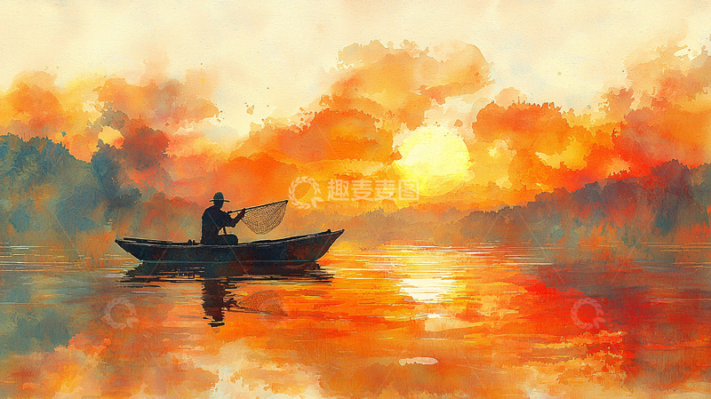 高清大图下载【趣麦麦图】日出渔夫泛舟