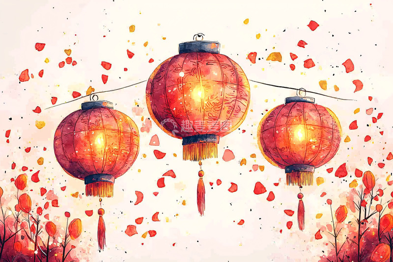 高清大图下载【趣麦麦图】红色灯笼与飘落的纸屑