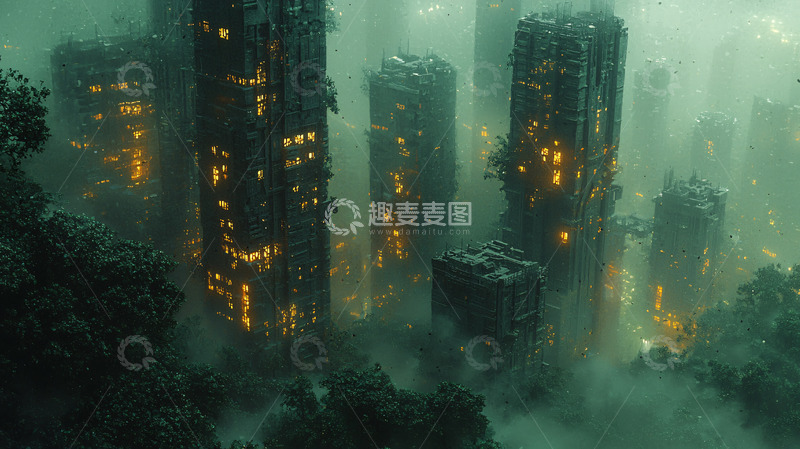 高清大图下载【趣麦麦图】雾气笼罩的废弃都市