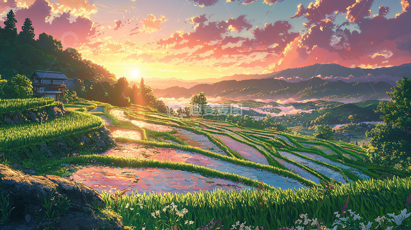高清大图下载【趣麦麦图】日出山村梯田风景