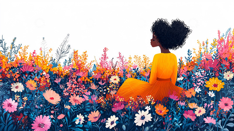 高清大图下载【趣麦麦图】黑人女孩花田背影