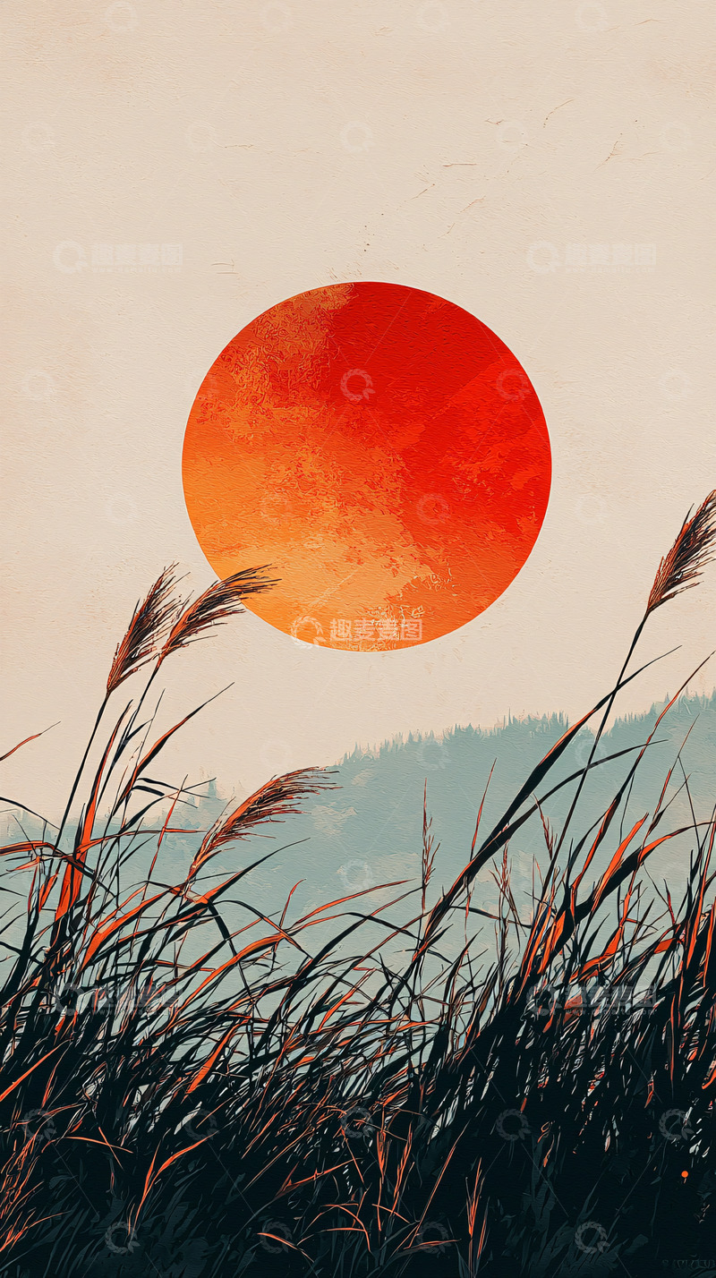 高清大图下载【趣麦麦图】红日芦苇简约意境图