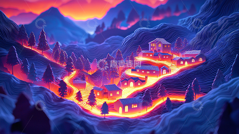 高清大图下载【趣麦麦图】梦幻山谷小镇夜景