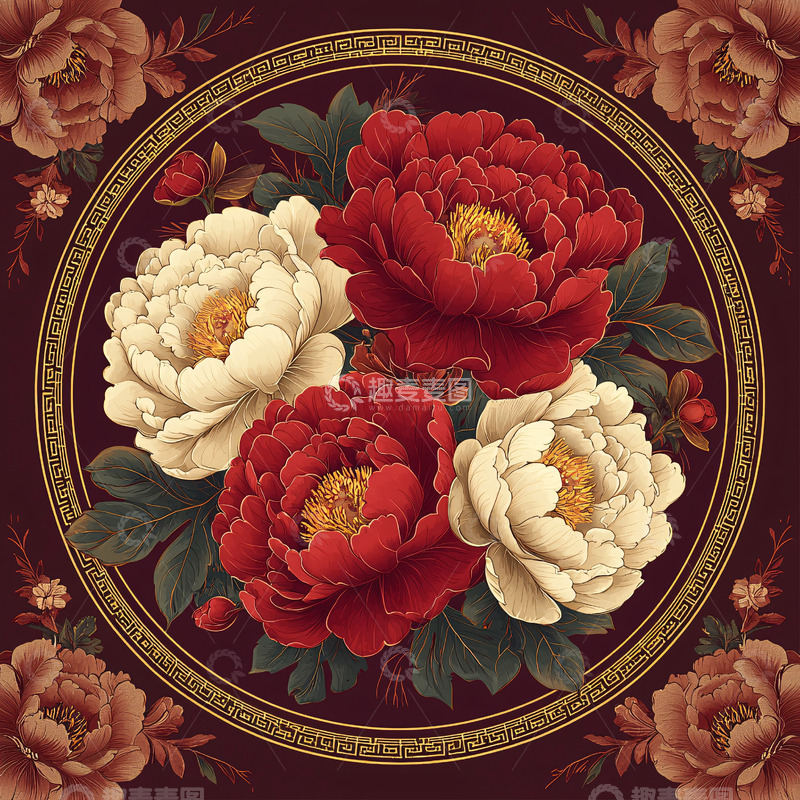 高清大图下载【趣麦麦图】红色白色牡丹花团簇拥图