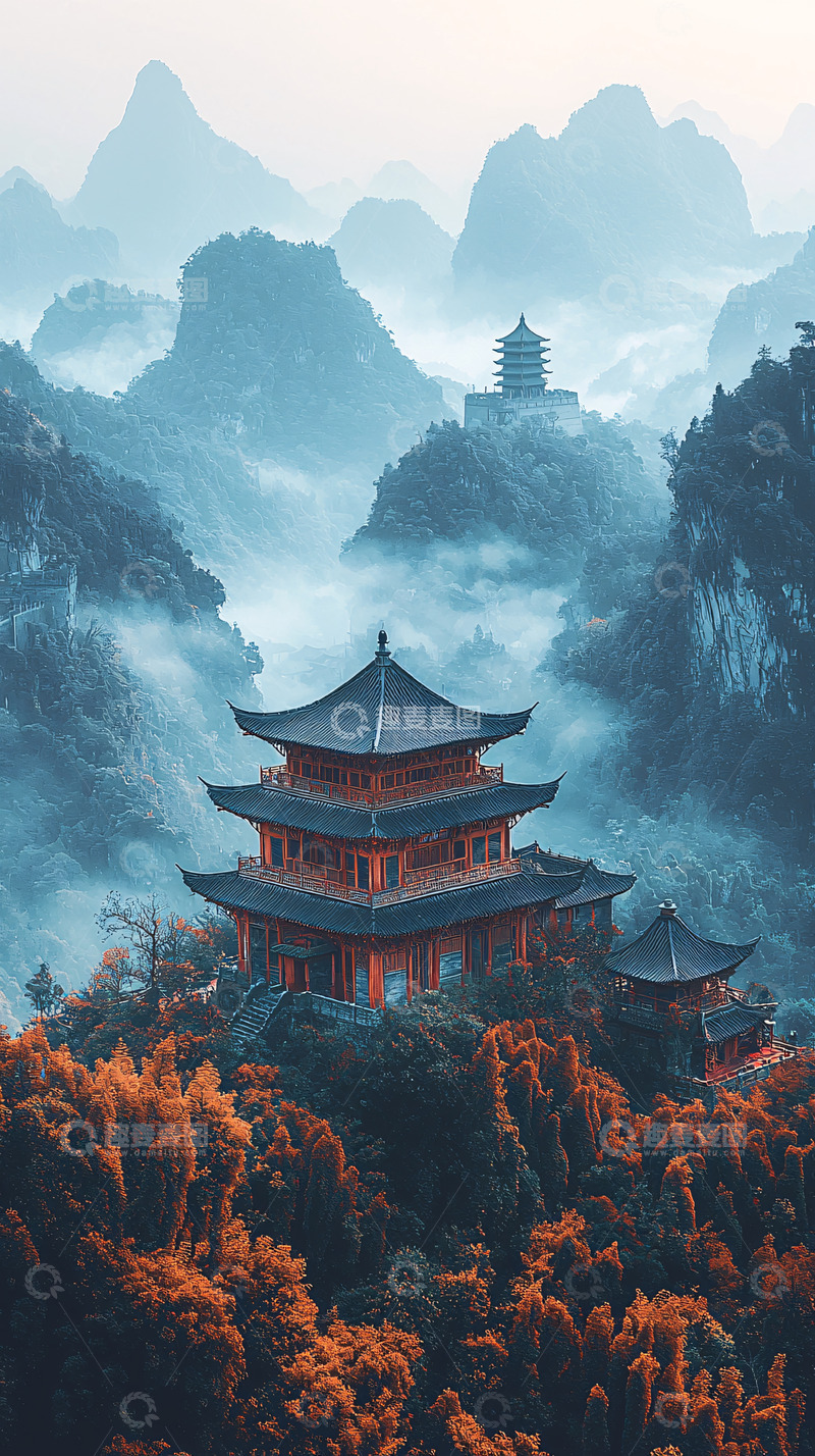 高清大图下载【趣麦麦图】山间云雾缭绕的古寺