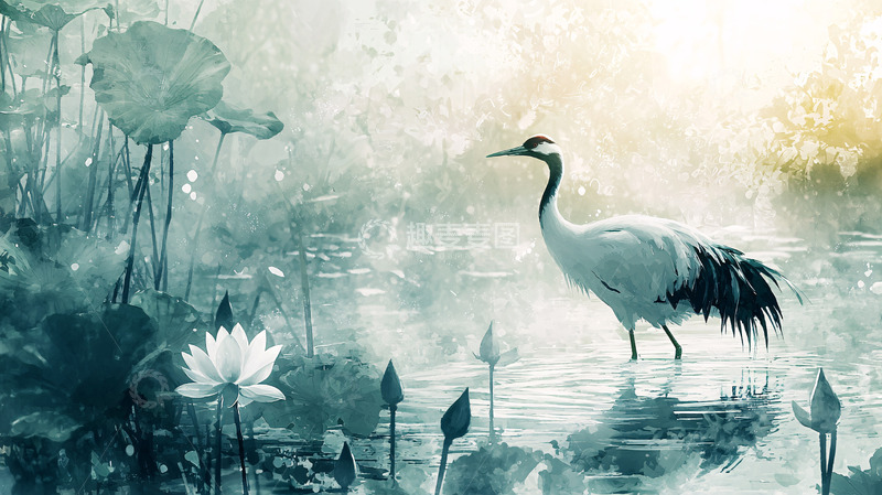 高清大图下载【趣麦麦图】水墨丹顶鹤荷花图