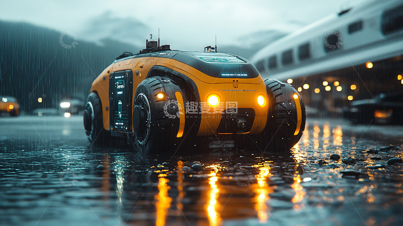 高清大图下载【趣麦麦图】雨中未来感黄色自动驾驶汽车