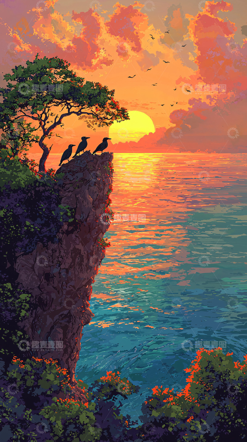 高清大图下载【趣麦麦图】日落海景崖边鸟儿