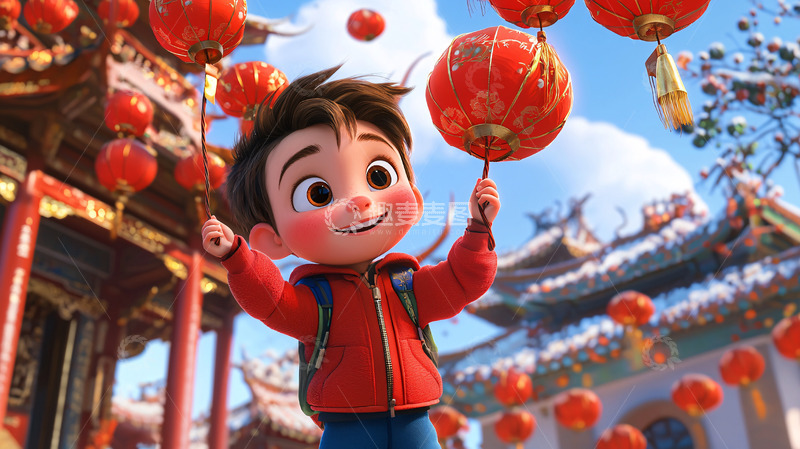 高清大图下载【趣麦麦图】红衣男孩欢庆中国新年