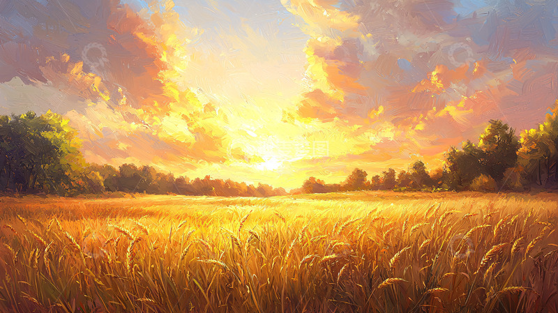 高清大图下载【趣麦麦图】金色的麦田日落