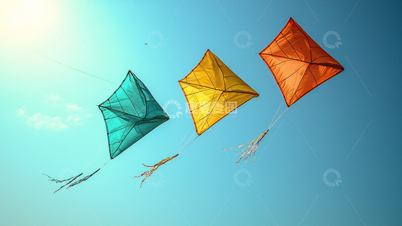 高清大图下载【趣麦麦图】蓝天白云下三只风筝