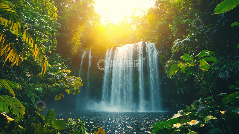 高清大图下载【趣麦麦图】阳光森林瀑布