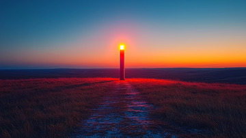 落日余晖下的红色灯塔