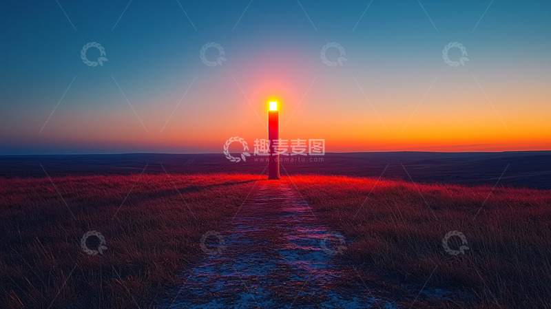 高清大图下载【趣麦麦图】落日余晖下的红色灯塔