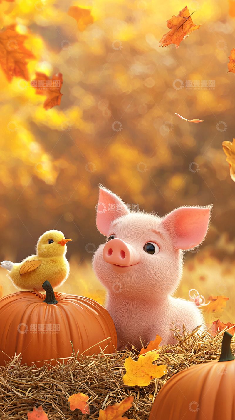 高清大图下载【趣麦麦图】秋日小猪与小鸡南瓜