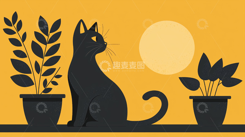 高清大图下载【趣麦麦图】黑色猫咪盆栽