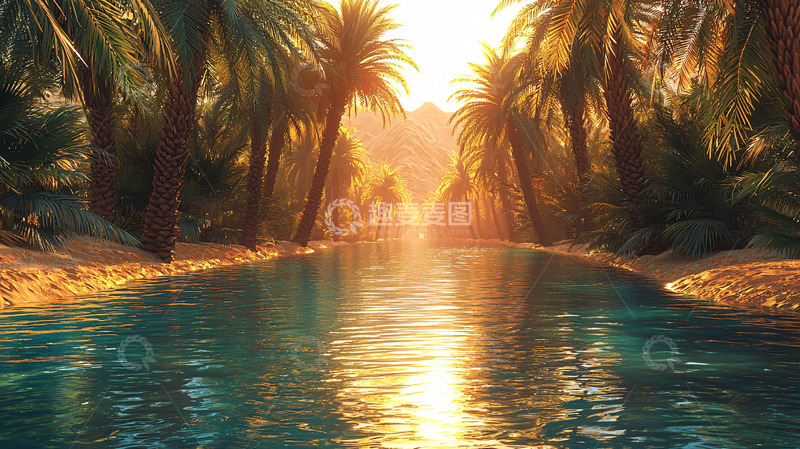 高清大图下载【趣麦麦图】棕榈树下的清澈溪流