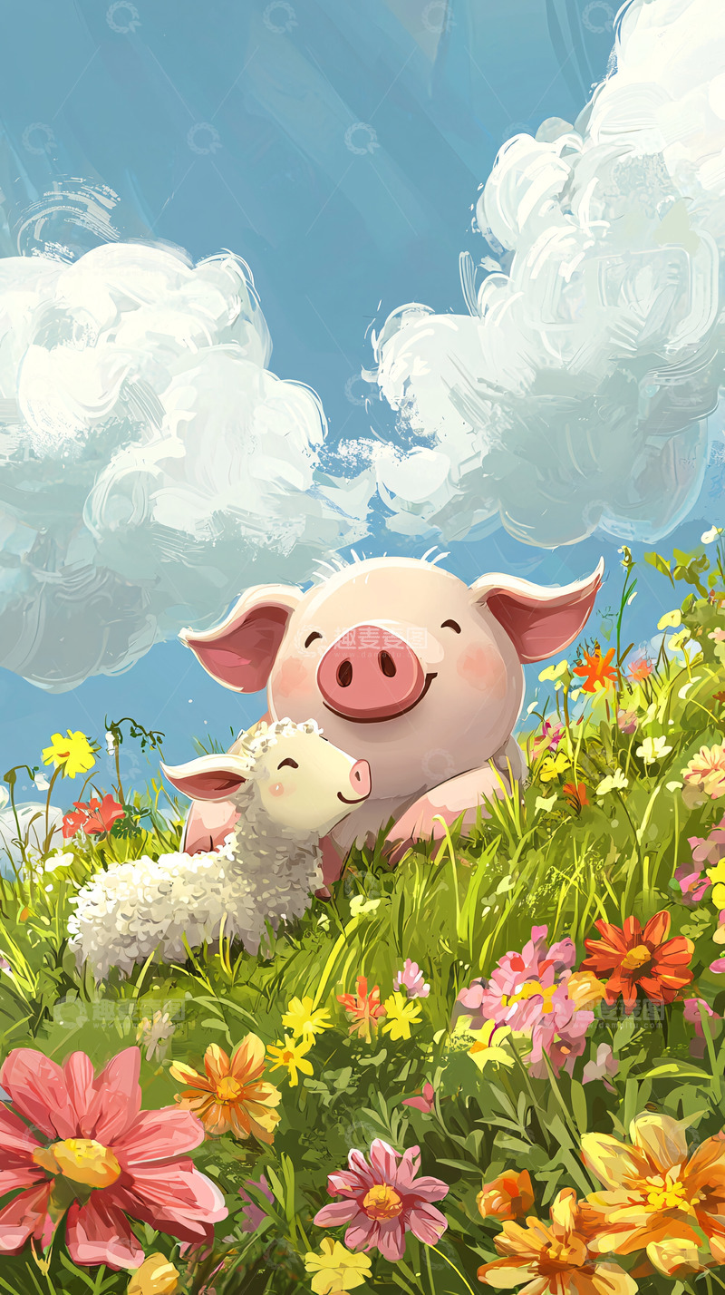 高清大图下载【趣麦麦图】小猪和小羊在花田里