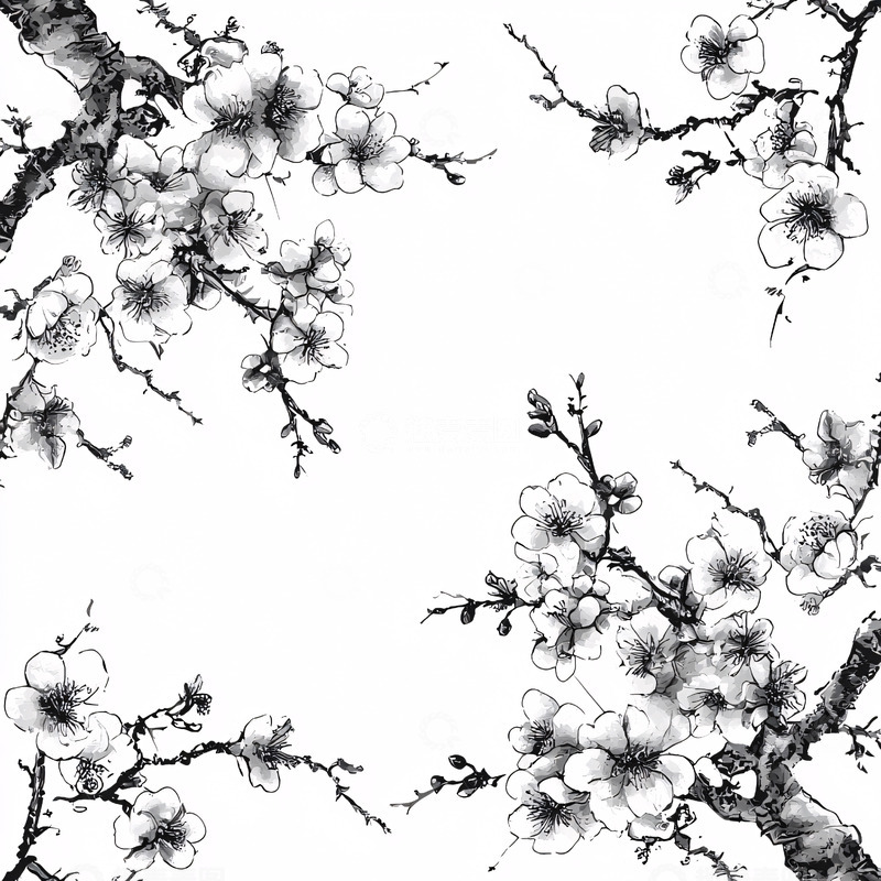 高清大图下载【趣麦麦图】水墨风格的梅花枝头