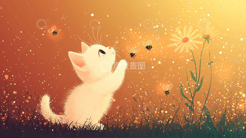 高清大图下载【趣麦麦图】小猫看萤火虫