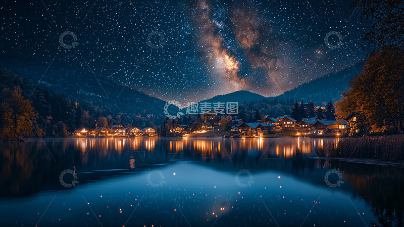 高清大图下载【趣麦麦图】星空下的湖边小镇