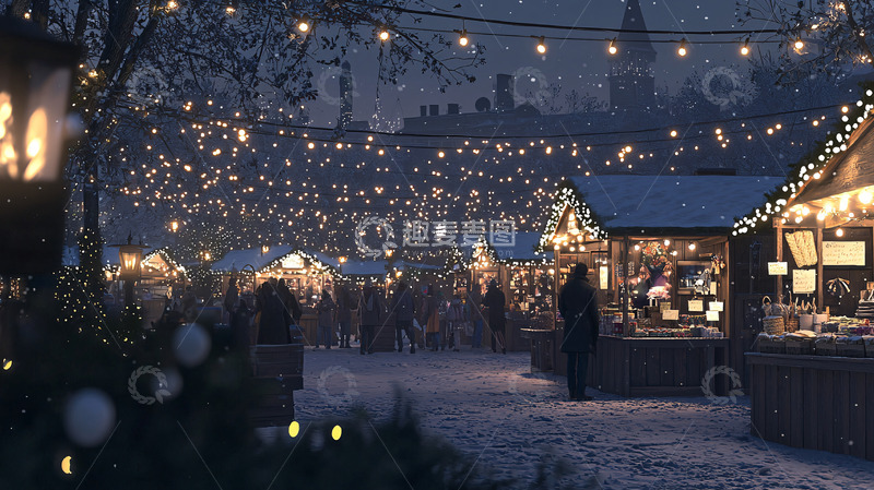 高清大图下载【趣麦麦图】下雪的圣诞集市夜景