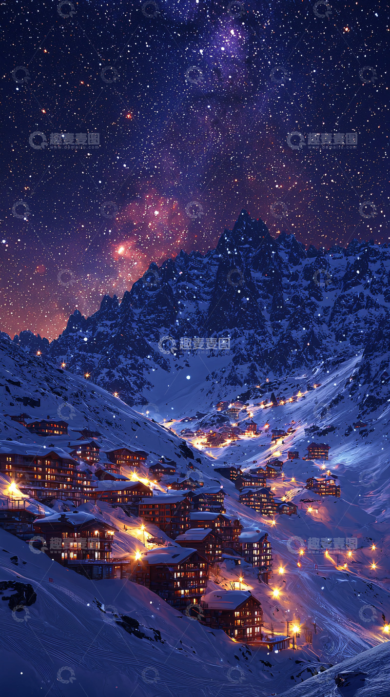 高清大图下载【趣麦麦图】雪山小镇夜景