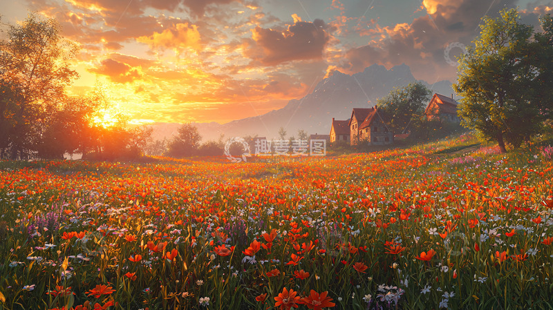 高清大图下载【趣麦麦图】日落乡间花田美景