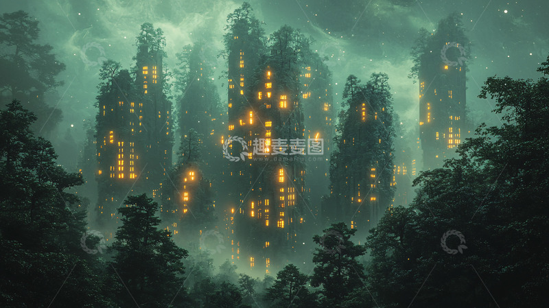 高清大图下载【趣麦麦图】雾气森林中的发光高塔