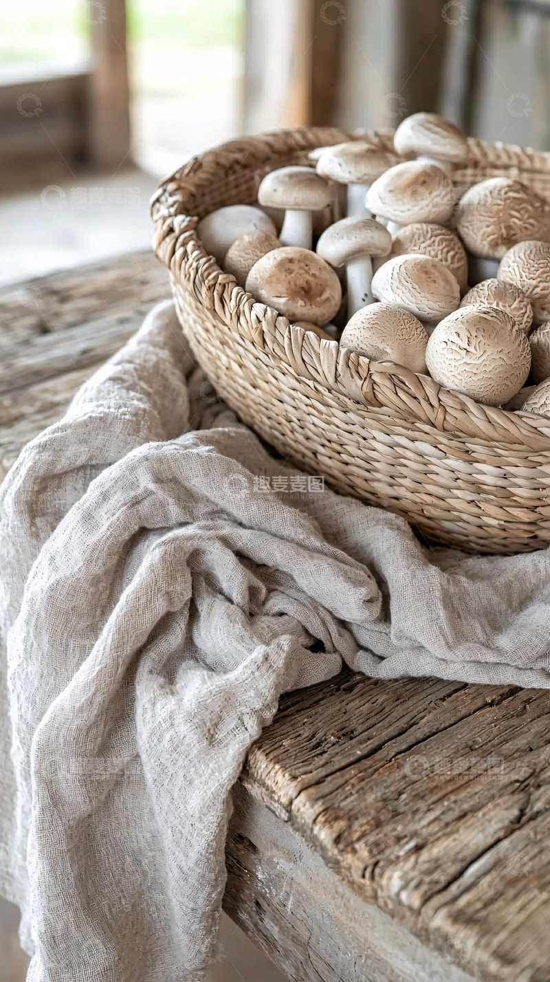 高清大图下载【趣麦麦图】蘑菇篮子摆放在木桌上