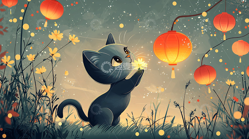 高清大图下载【趣麦麦图】夜晚猫咪闻花灯光芒