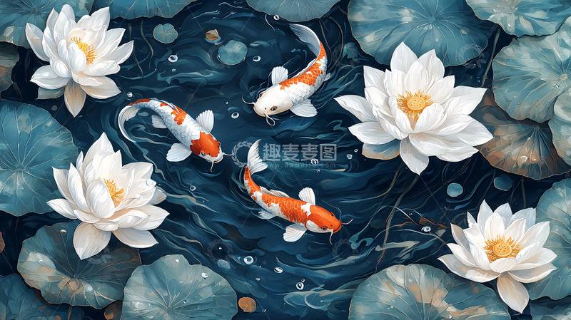 高清大图下载【趣麦麦图】锦鲤荷花池塘高清图