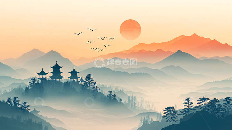 高清大图下载【趣麦麦图】山水剪影下的日出