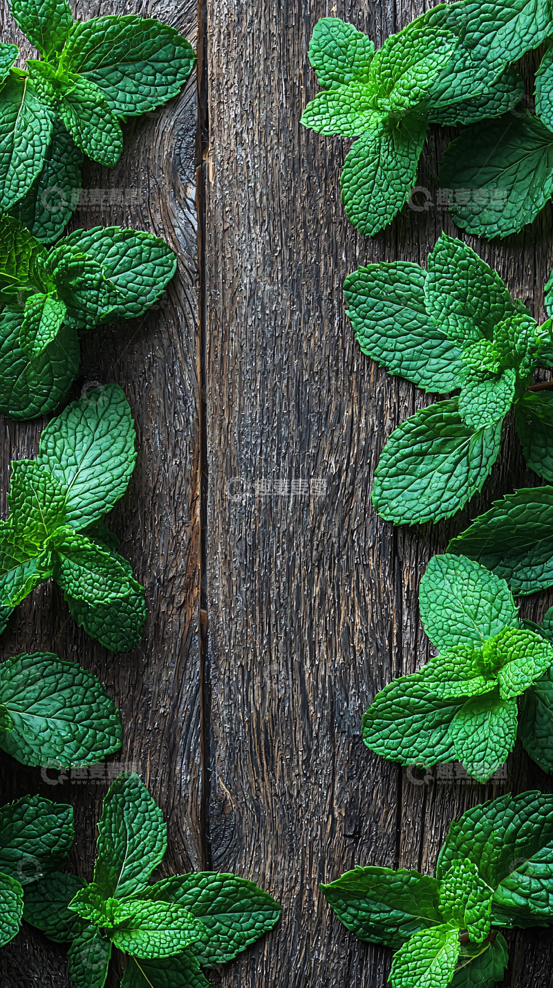 高清大图下载【趣麦麦图】薄荷叶木质背景