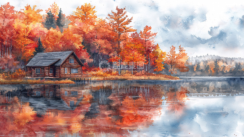 高清大图下载【趣麦麦图】秋日湖边小屋