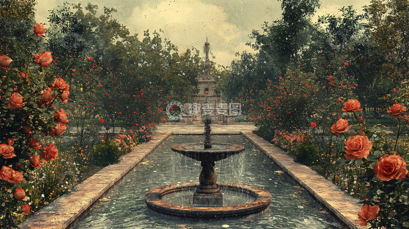 高清大图下载【趣麦麦图】玫瑰花园喷泉