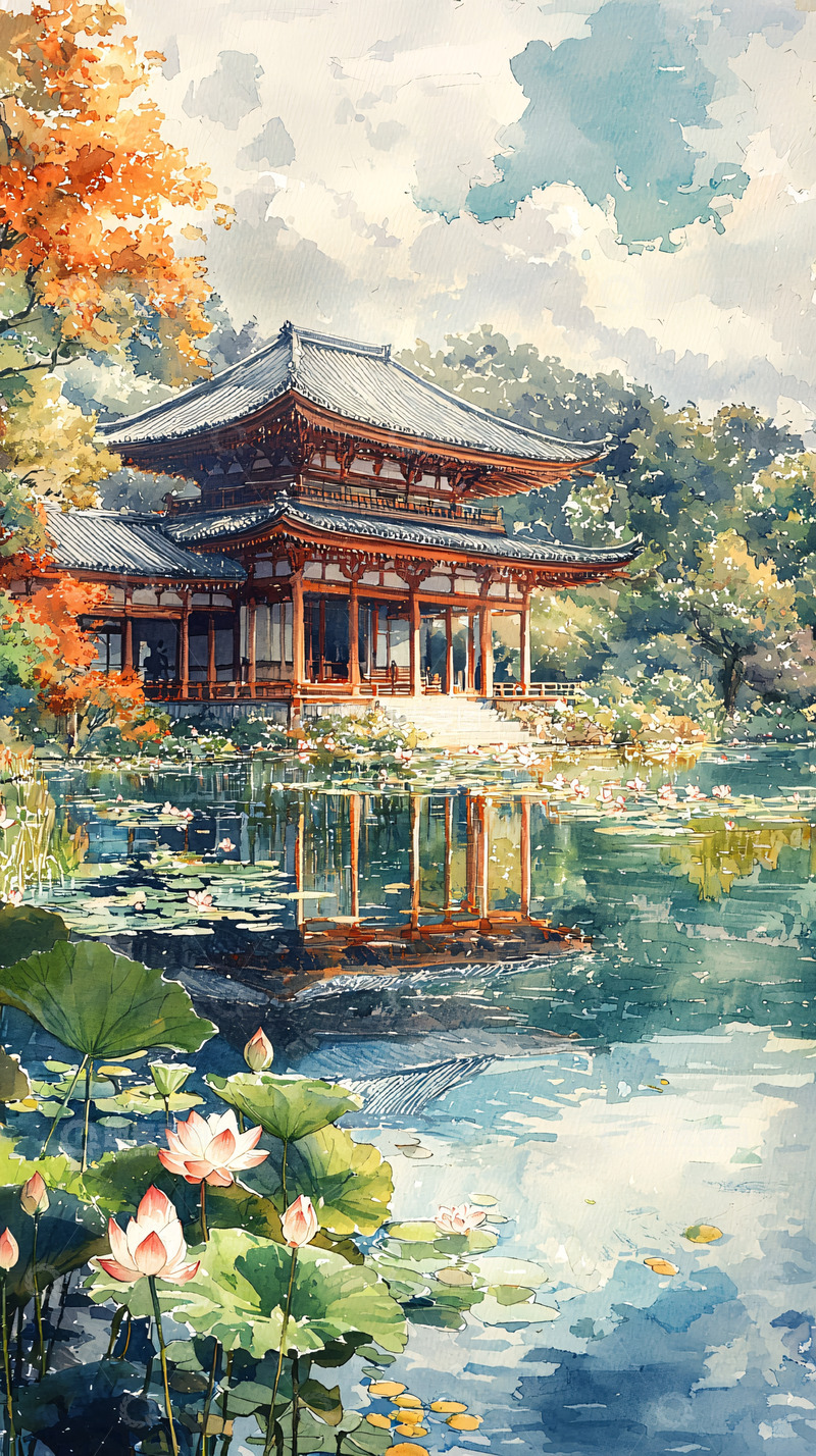 高清大图下载【趣麦麦图】水面倒影中的日式建筑