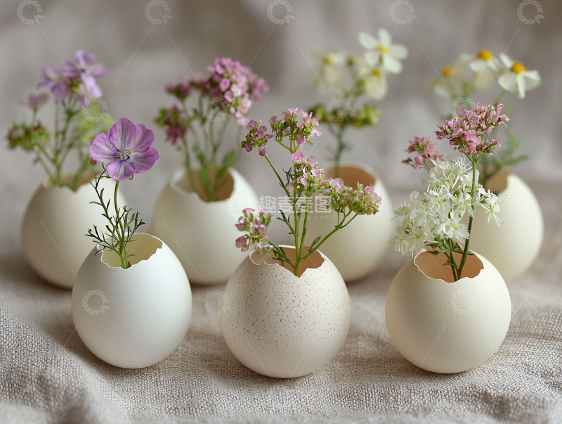 高清大图下载【趣麦麦图】鸡蛋壳里的鲜花盆栽
