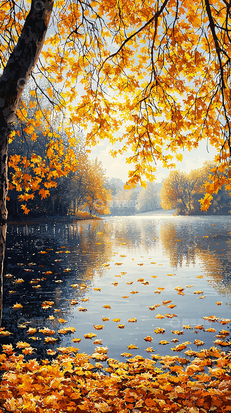 高清大图下载【趣麦麦图】秋日湖边金黄落叶