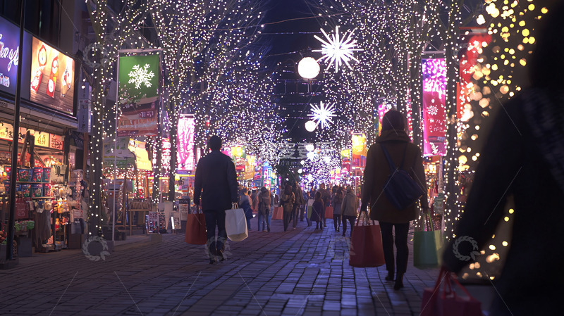 高清大图下载【趣麦麦图】夜晚灯光璀璨的步行街