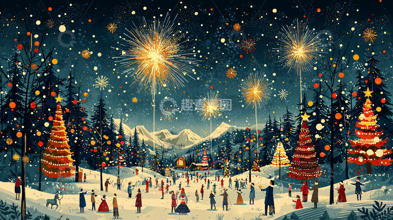 高清大图下载【趣麦麦图】新年快乐雪景烟火