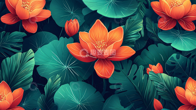 高清大图下载【趣麦麦图】橙色莲花绿叶背景图